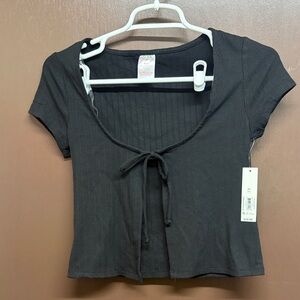 No Boundaries Black Ribbed Tie-Front Crop Top